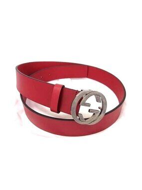 Gucci Interlocking Leather Silver Belt Red